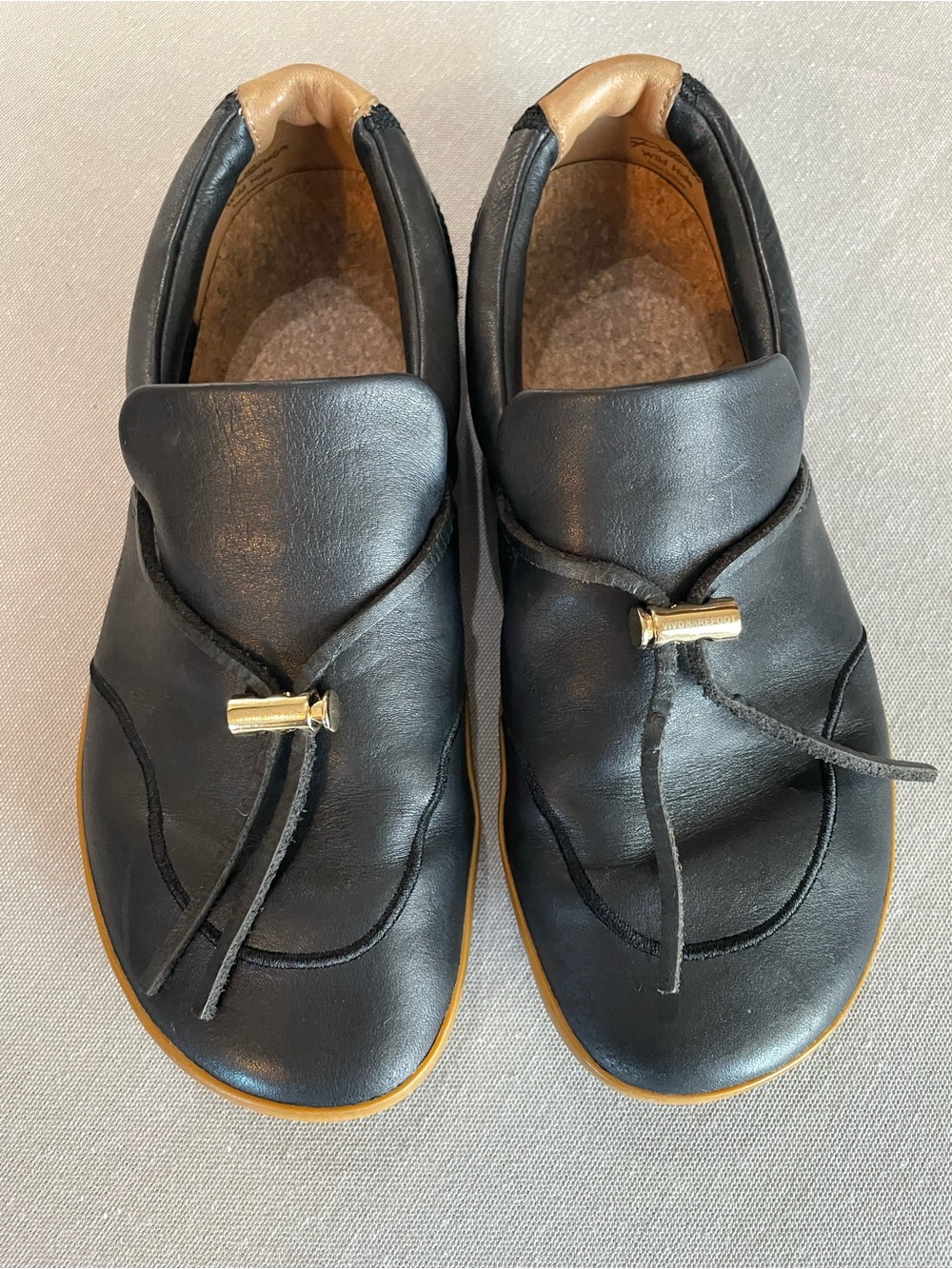 Vivo Barefoot Ra Black Minimalist Leather Slip-On with Gold Hardware 36/6